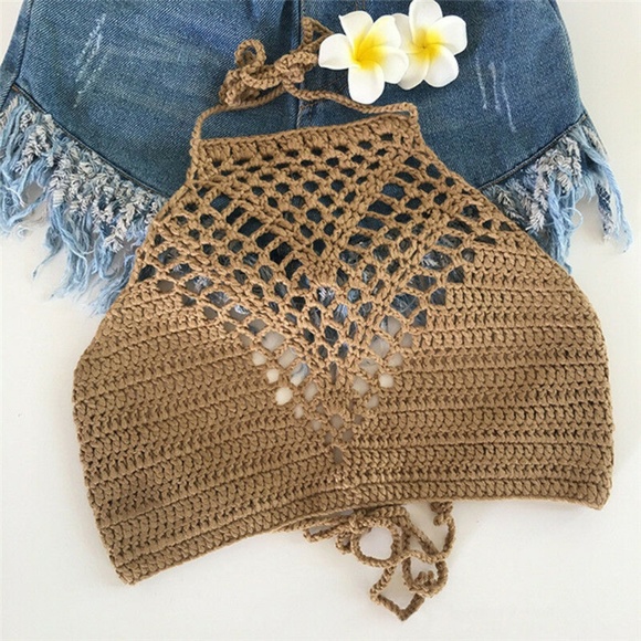 Tops - Khaki Boho Handmade Crochet Halter Crop Top